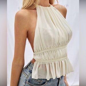 Pleated Halter Neckline Waist-Tied Backless Top